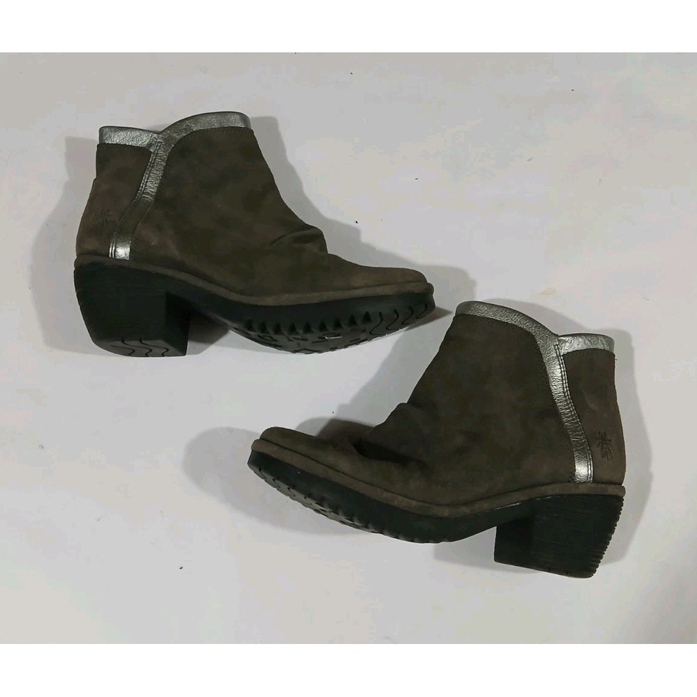 Fly London Wynn Block Heel Ankle Boots Booties Size 38 7.5 8 Brown Suede Zip